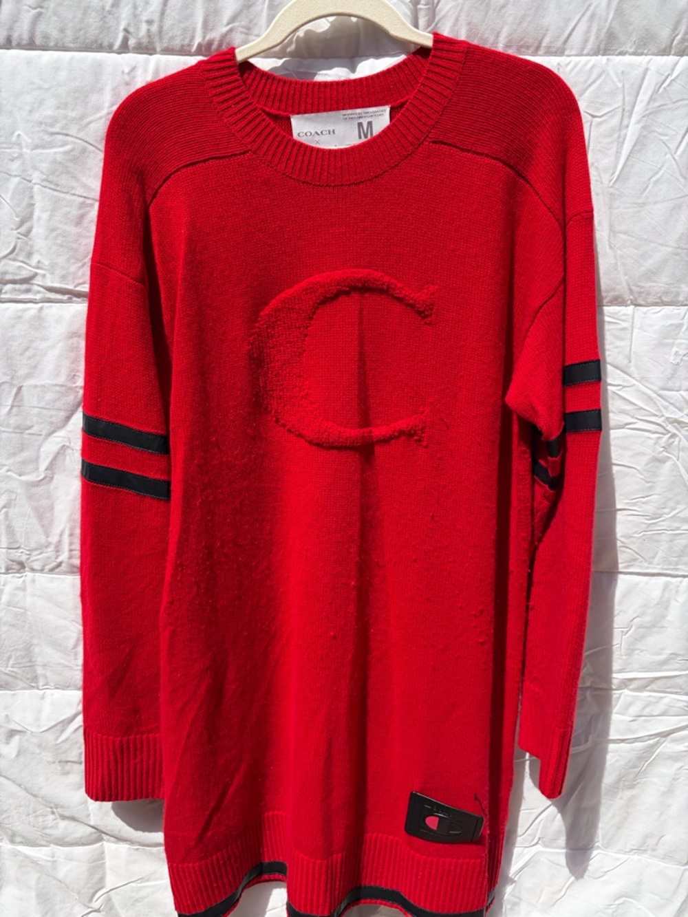Coach Red Crewneck Sweater with Black Stripe Detail